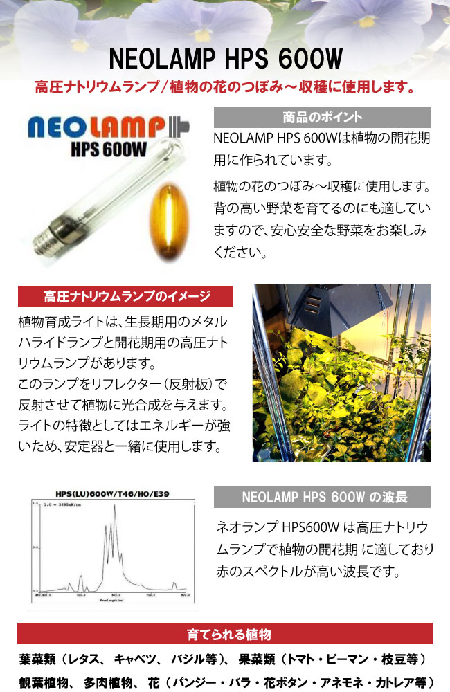 植物育成ライトのNEOLAMP HPS 600Wは高圧ナトリウムランプで安心低価格 開花期用植物育成ライト GROW LIGHT |  ベジフルグリーンファーム